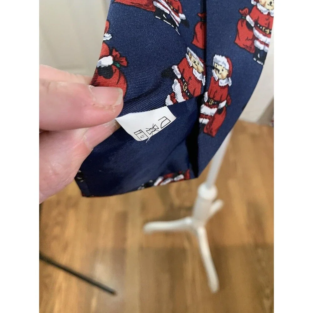 Renaissance Santa Teddy Bear Christmas Tie Blue Print Amals Hand Made Used